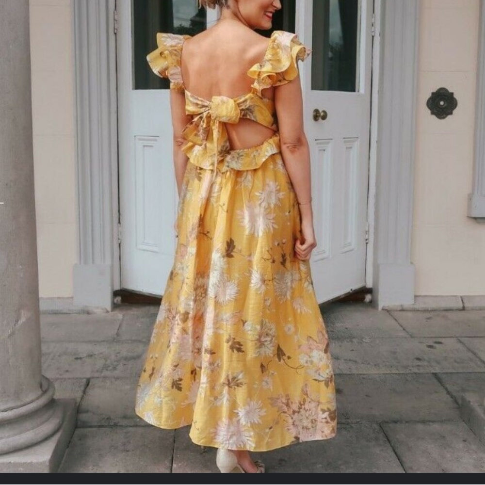 H&M Lyocell-Blend Ruffled Yellow Floral Flower MaxiDress sz m